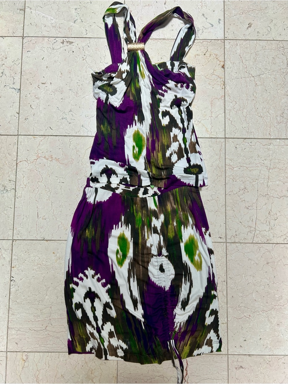Open Shoulder Halter Purple Ikat Print Summer Top + Skirt Coord Set